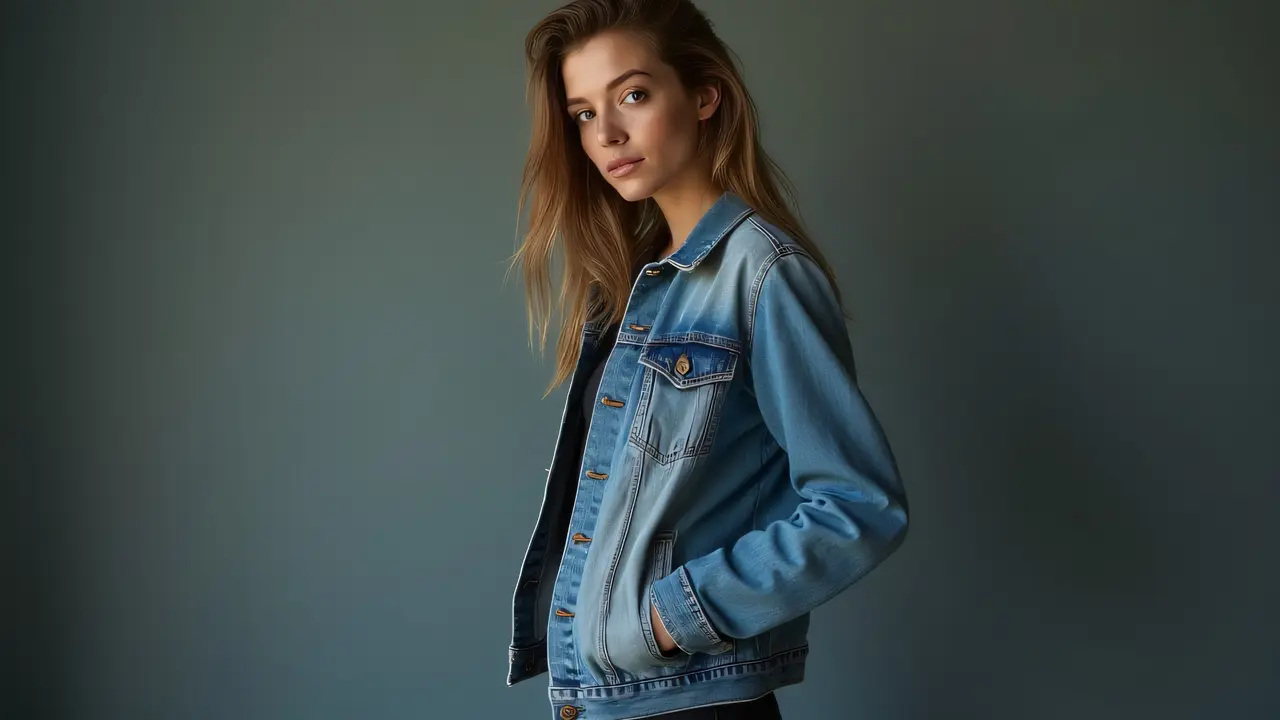 A woman poses casually in a denim jacket with hands in pockets, soft lighting highlights her relaxed expression.