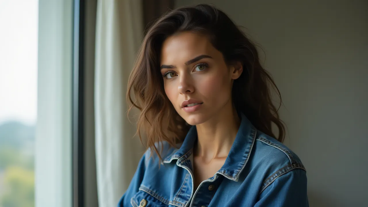 A woman in a denim jacket gazes off-camera, illuminated by soft natural light.