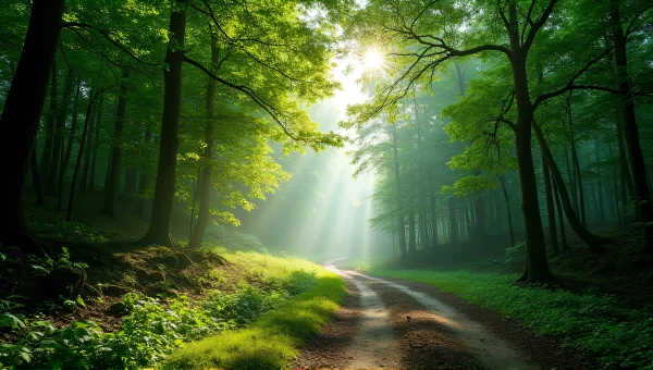Dense Green Trees Forest Pathway Dappled Sunlight