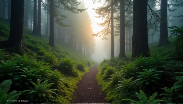 Dense Mixed Forest Trail at Dawn with Fog
