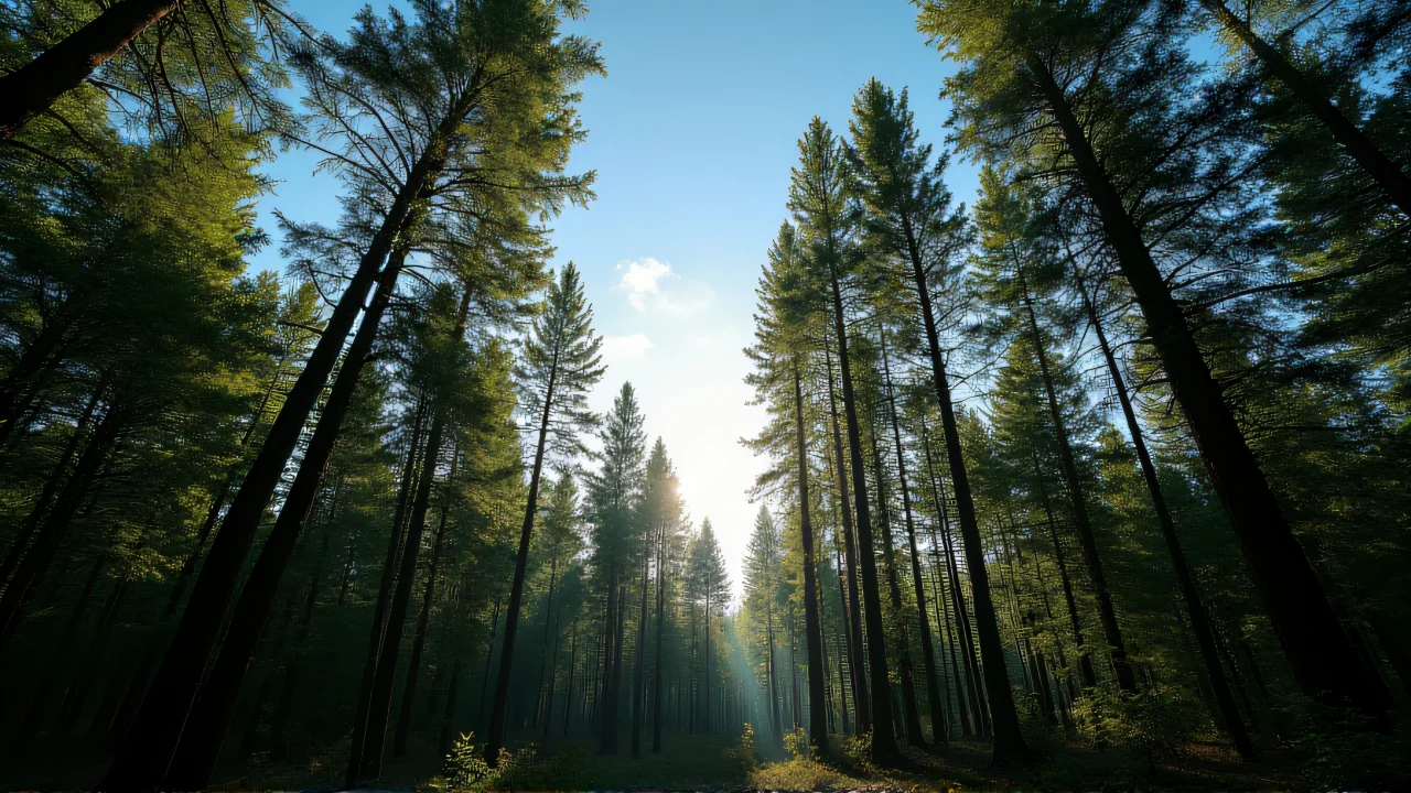 A low-angle view of a dense mixed forest with detailed tree bark and layered canopy under a clear blue sky.
