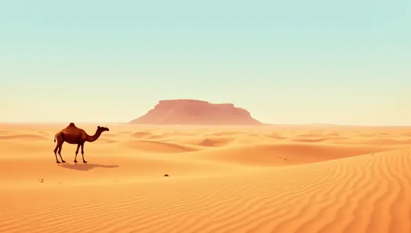 Desert Landscape With Camel Silhouette At Midday