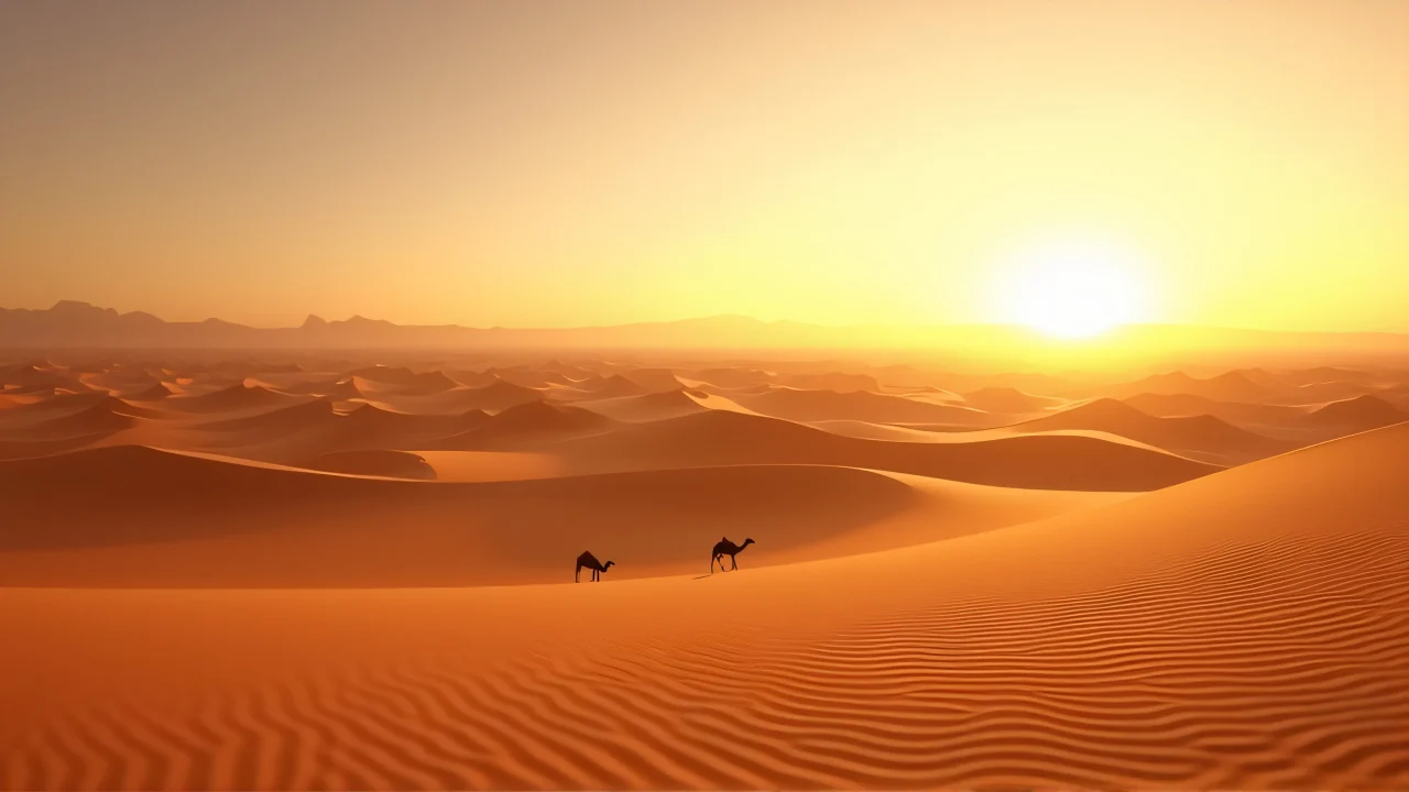 Wide desert panorama featuring dunes and a lone camel silhouette at sunset.