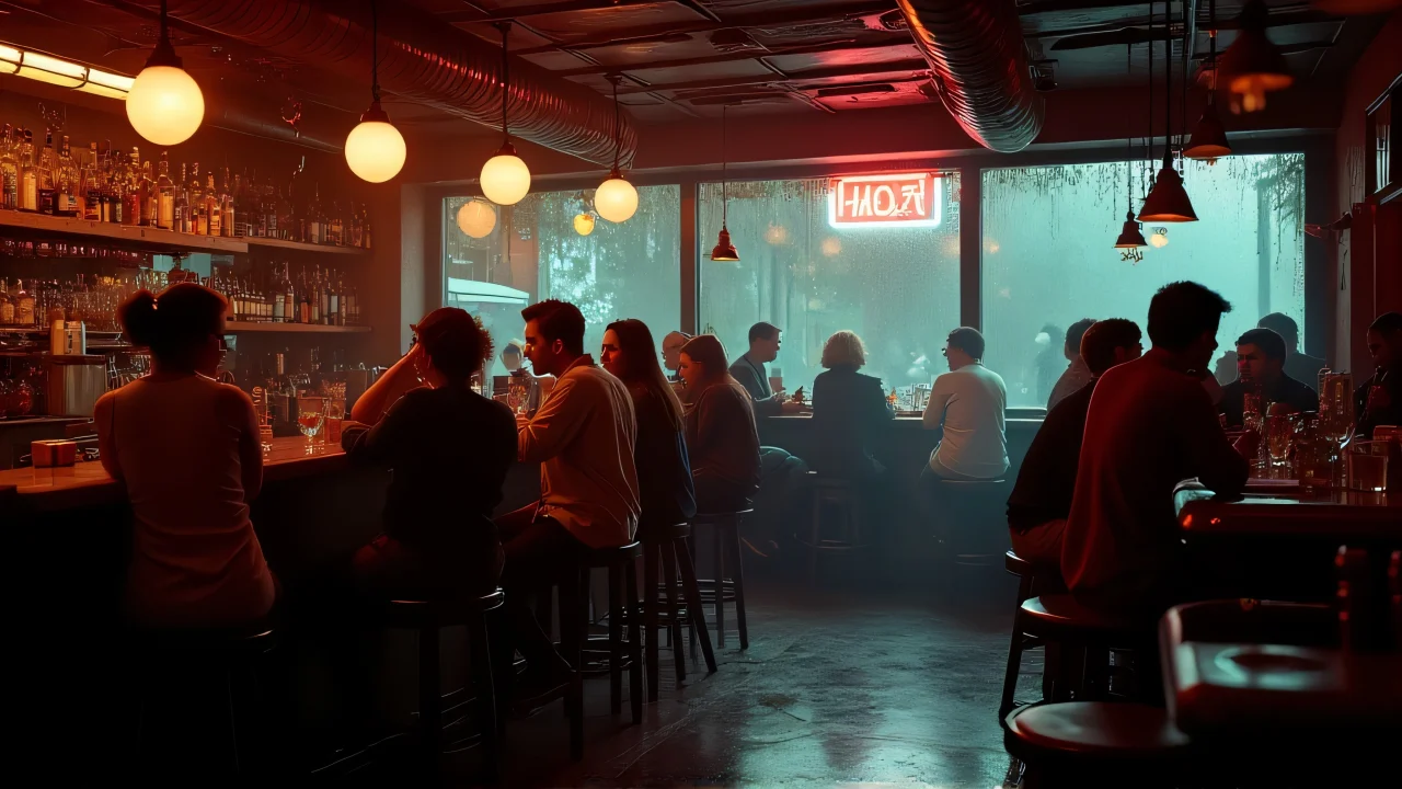 A lively bar interior featuring diverse patrons enjoying drinks and conversations amidst neon lights and rain-streaked windows.