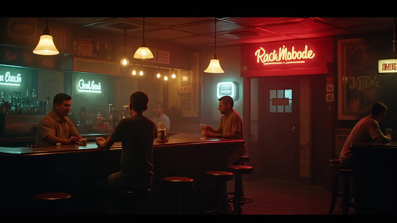 Cozy neighborhood bar with low-hanging lights and patrons enjoying drinks.