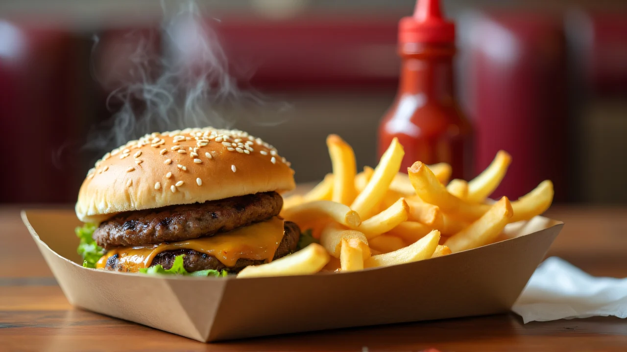 Close-up of a diner table with a burger and fries.