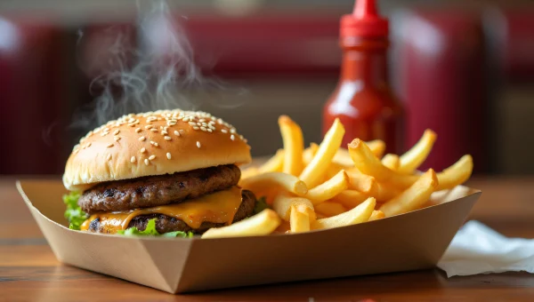 Diner Table Burger And French Fries Close-Up