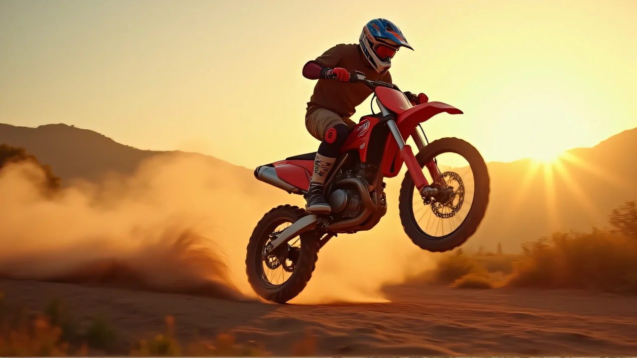 A dirt bike rider in protective gear jumps mid-air over a dusty trail at golden hour.