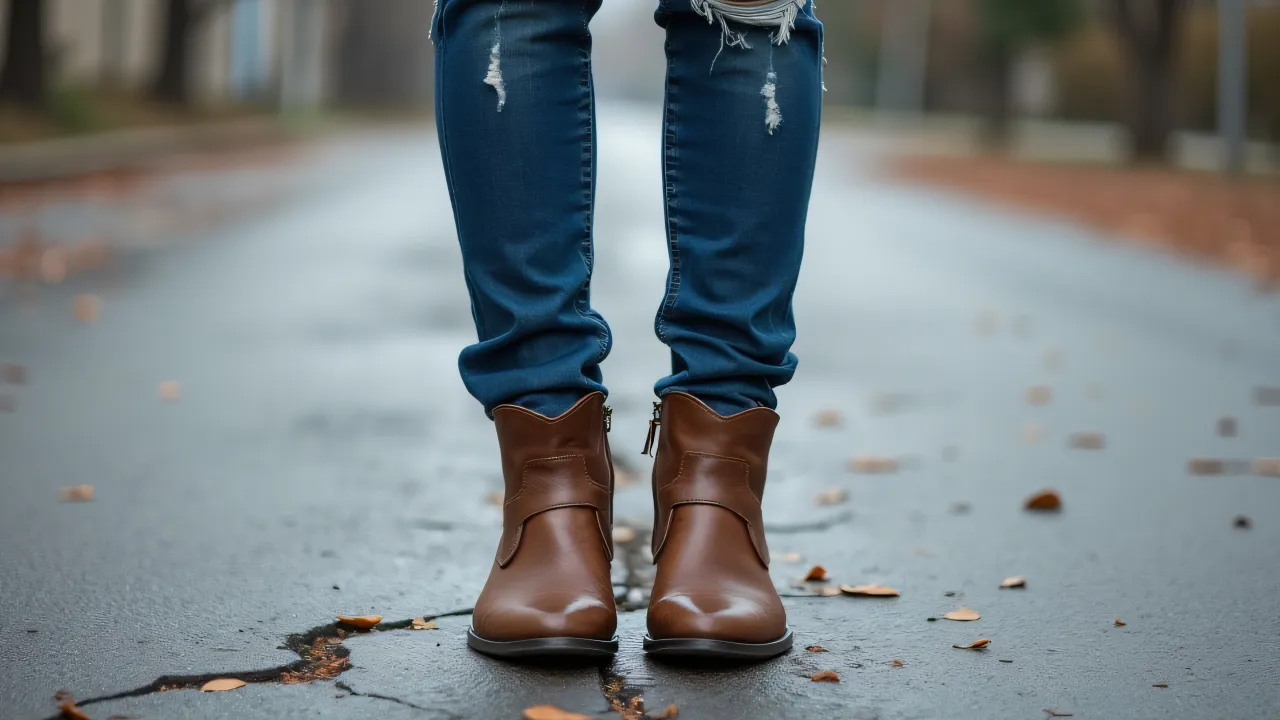 A person in distressed denim jeans and scuffed leather boots stands on a cracked concrete street under soft overcast light.