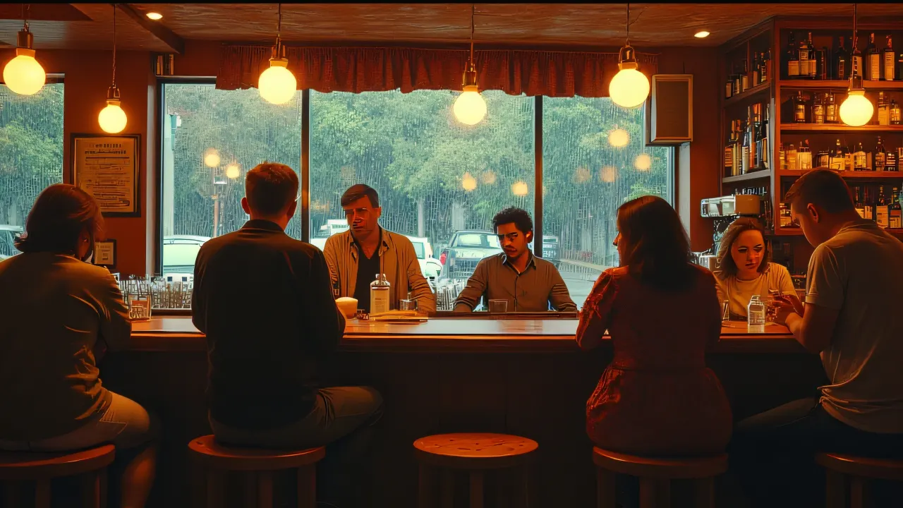 Diverse patrons seated at a wooden bar enjoying drinks with a bartender polishing glass in a cozy atmosphere.