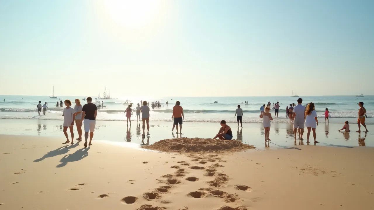 Diverse groups on a sandy beach at low tide, children building sandcastles.