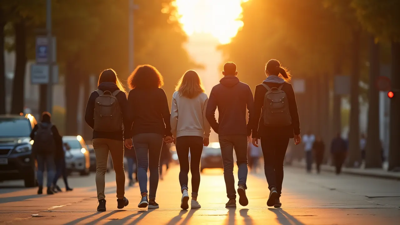 A diverse group of people strolls along a tree-lined sidewalk during golden hour.