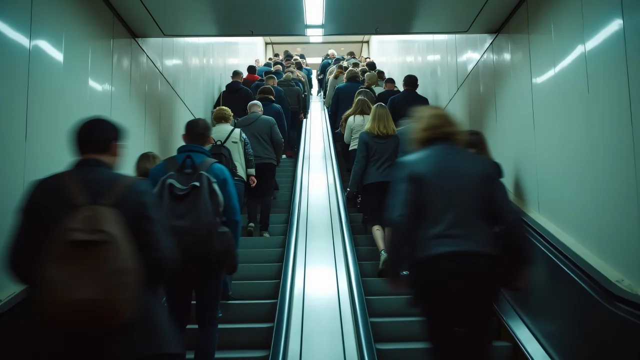 A busy escalator in a subway station with diverse commuters moving up and down.