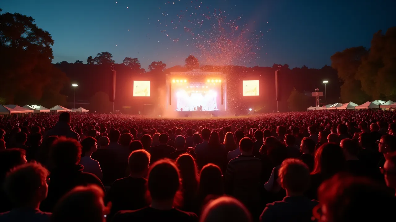A diverse group of people watching a vibrant concert under the night sky, with confetti and stage lights illuminating the scene.