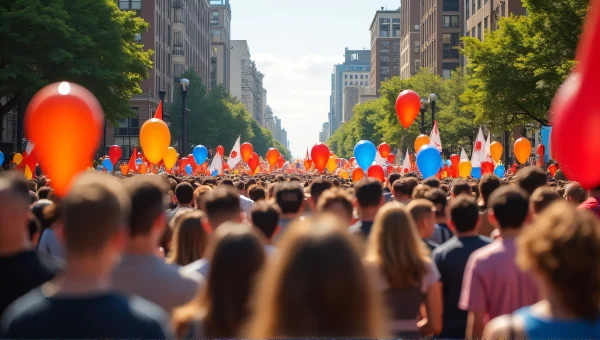 Diverse Crowd Marching In Daytime Parade