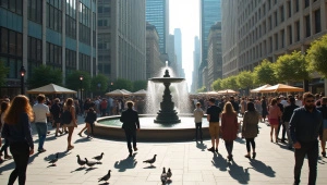 Diverse Crowd Urban Plaza Interactions Midday