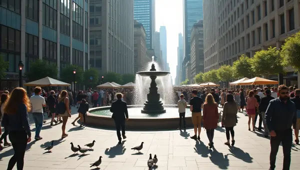 Diverse Crowd Urban Plaza Interactions Midday