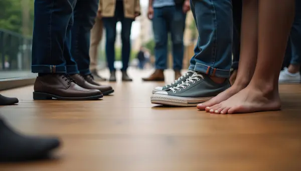 Diverse Feet on Wooden Floor Close-Up View