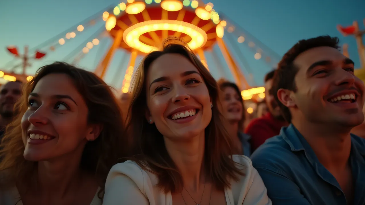 A diverse group of people experiencing joy on an amusement park ride at dusk with motion blur effects.
