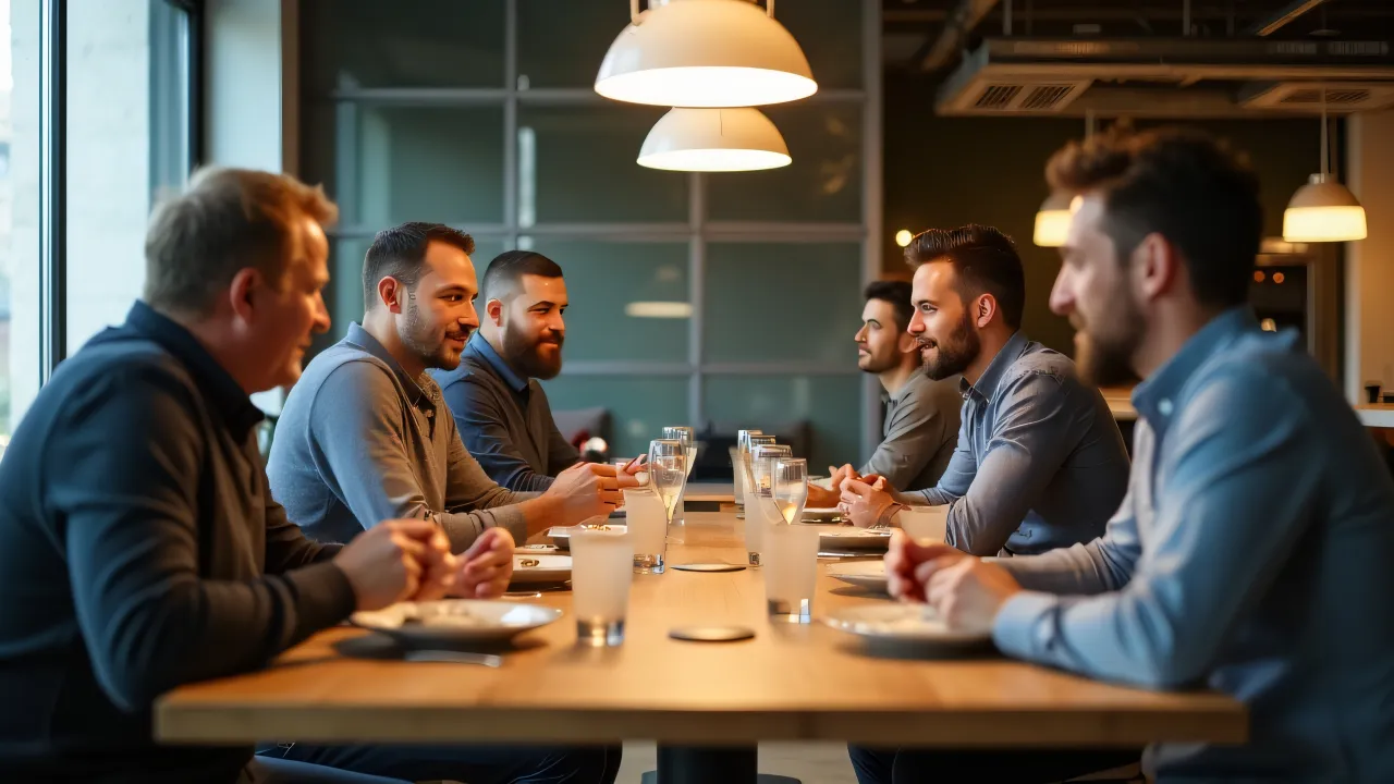 A diverse group of men and a woman enjoying dinner together at a modern dining table.