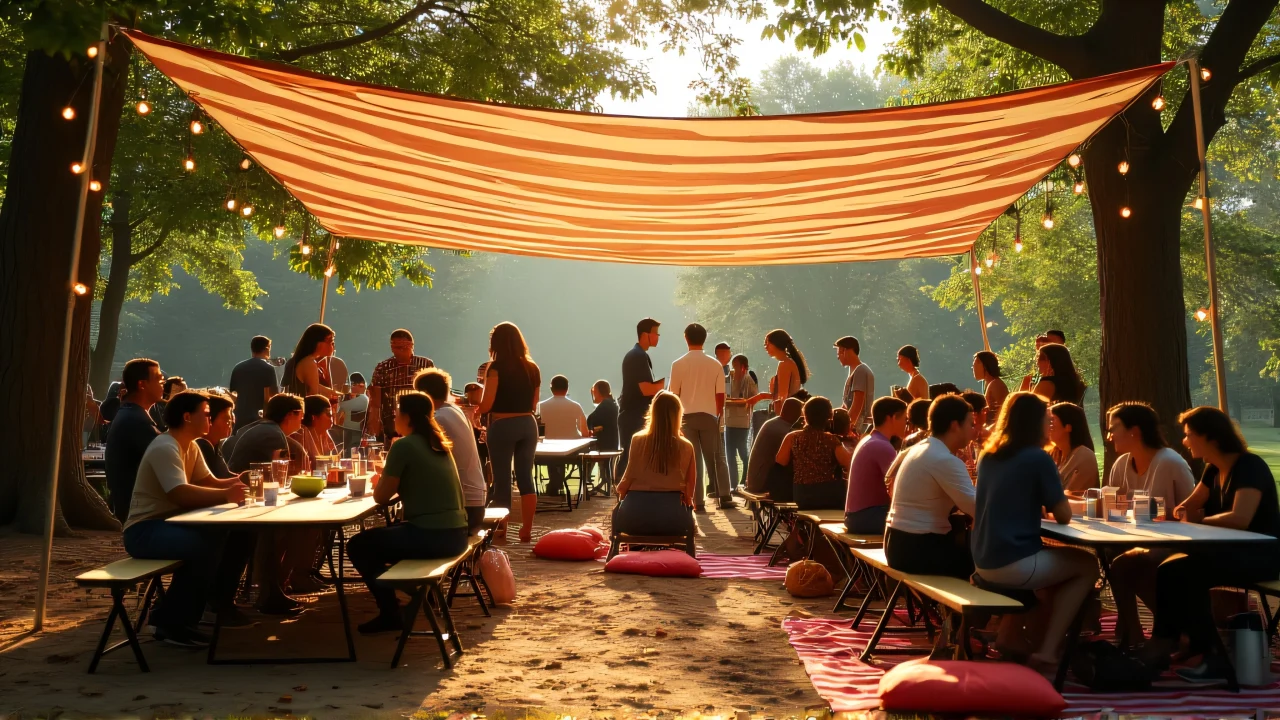 A diverse group enjoys conversations under a striped canopy in a sunlit park.