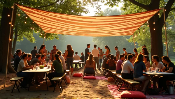 Diverse Group Gathering Under Canopy In Park