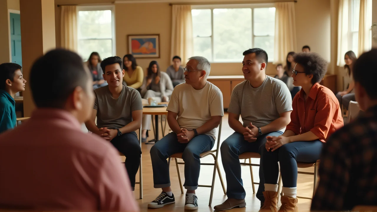 A diverse group of people engaged in candid conversation in a bright community hall.