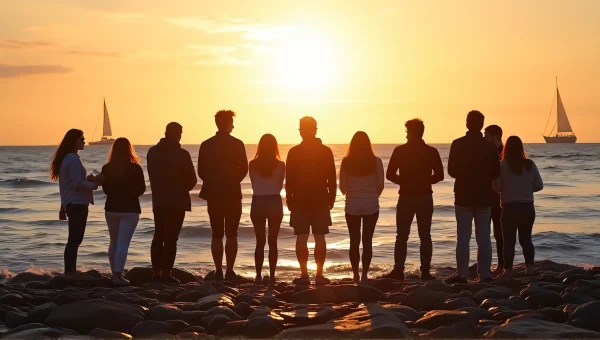 Diverse Group Silhouettes at Rocky Shoreline