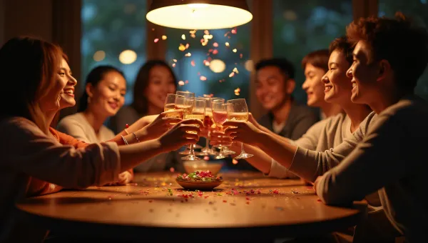 Diverse Group Toasting Together Around Wooden Table