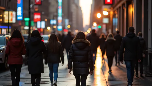 Diverse Group Walking City Sidewalk At Dusk