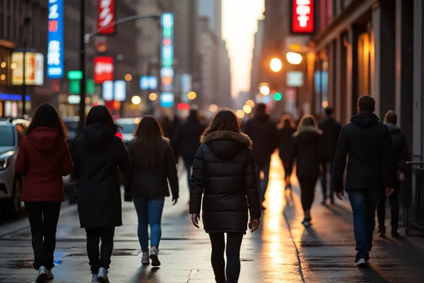 Diverse Group Walking City Sidewalk At Dusk