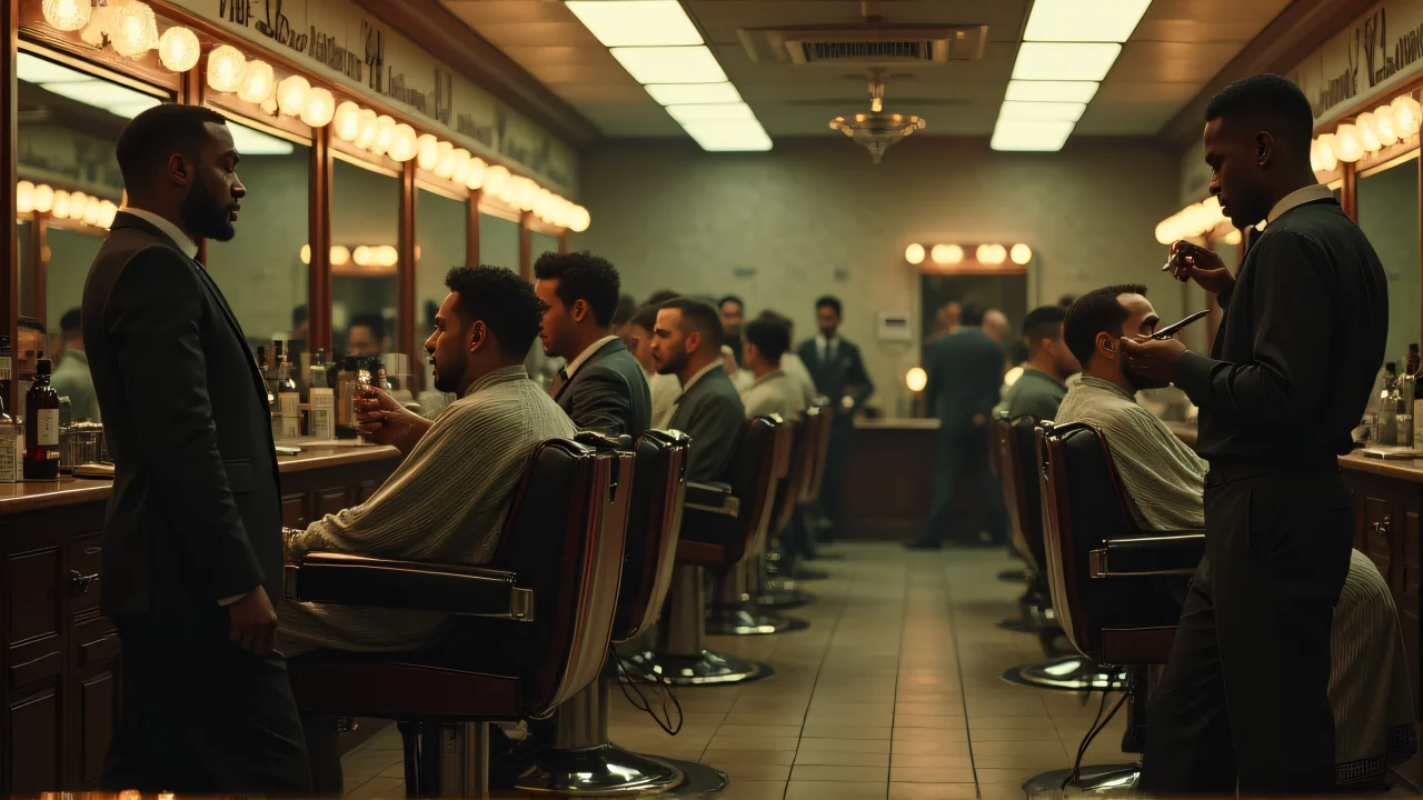 A lively barber shop with diverse clients getting stylish cuts.