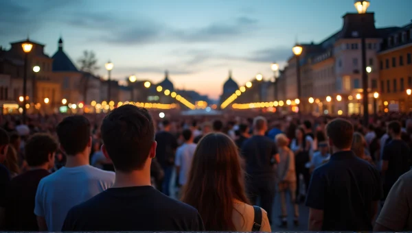 Diverse People Gathering City Square Dusk