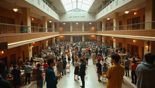 Diverse People Gathering in Mid-Century Civic Building