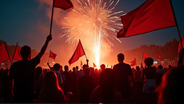Diverse People Holding Flags Celebrating With Fireworks