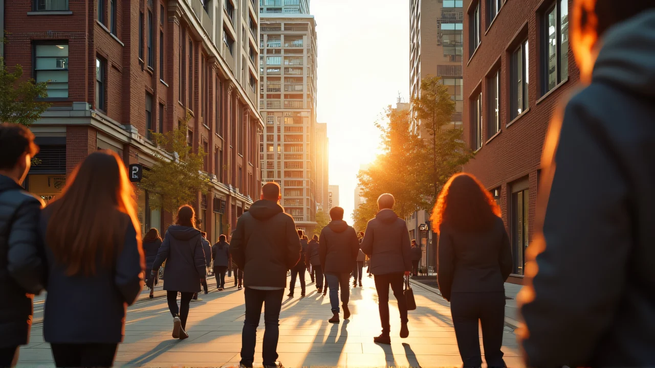 Diverse group of people standing by modern buildings during sunset.