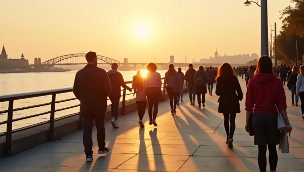 Diverse People Walking Riverside Promenade Golden Hour