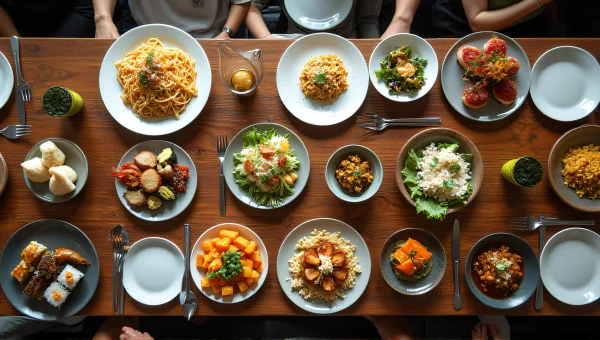 Diverse Plated Dishes On Wooden Table
