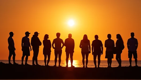 Diverse Silhouettes at Sunset On Shoreline