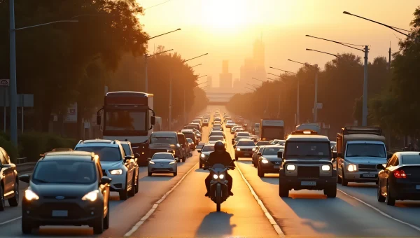 Diverse Vehicles on Busy City Road at Golden Hour