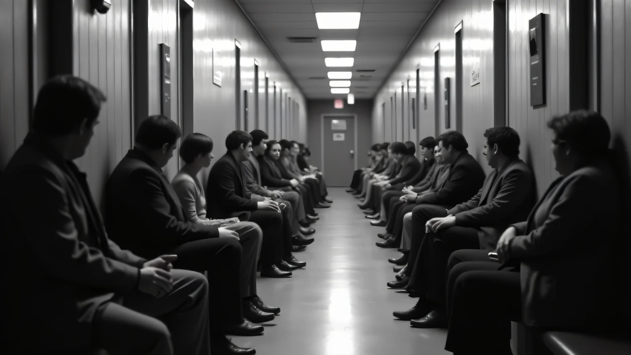 Black and white image of people sitting in a corridor beside doors.