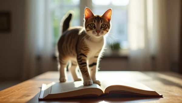 Domestic Cat On Open Book At Wooden Table