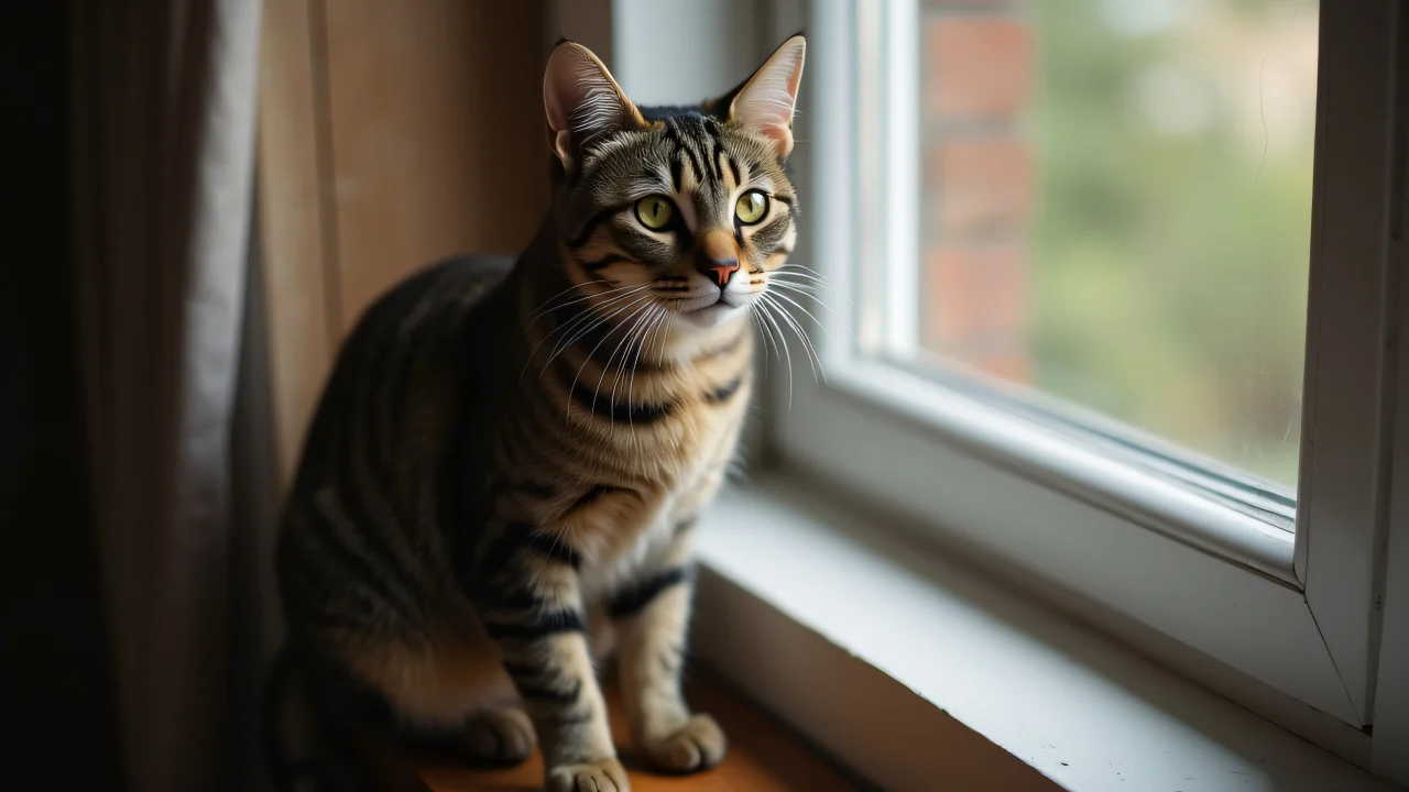 A domestic short-haired cat perched on a wooden windowsill, illuminated by natural light.