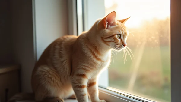 Domestic Cat Stretching on Windowsill in Sunlight