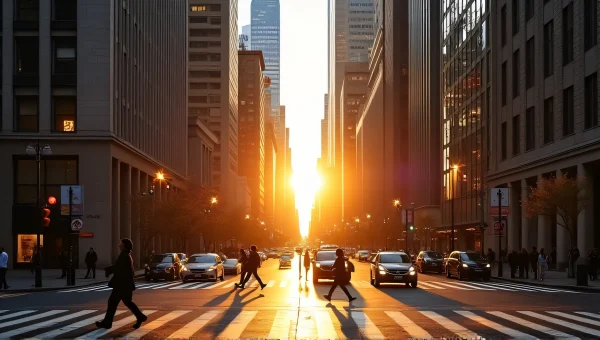 Downtown Cityscape Golden Hour Skyscrapers Pedestrians