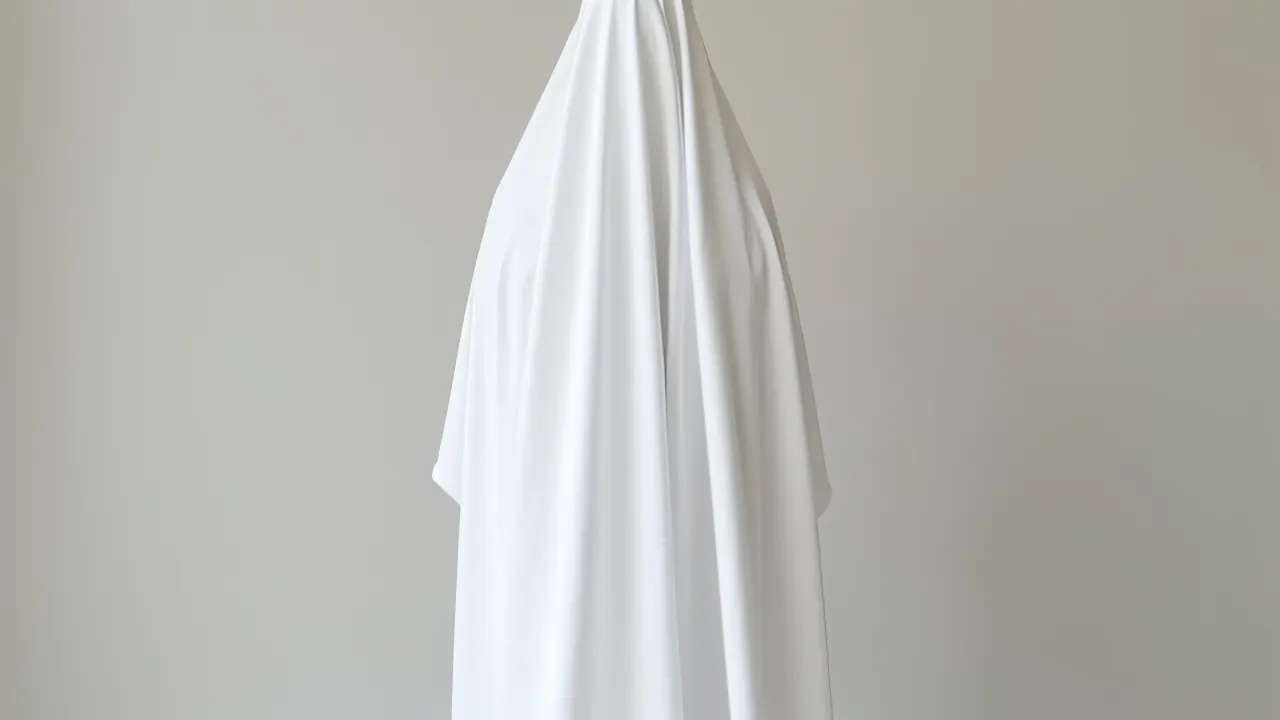 A full-body figure draped in white textile against a neutral backdrop.