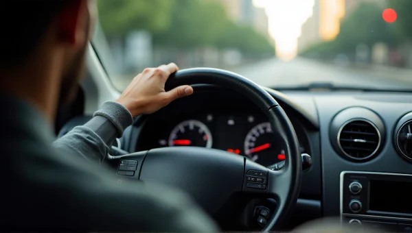 Driver Focused Behind Wheel In City Midday Light