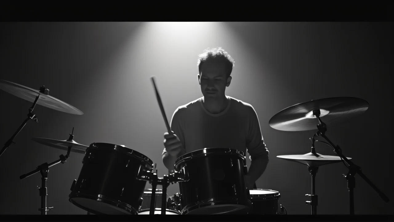 A man plays drums energetically with motion blur and rim lighting.