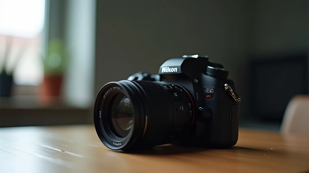 A black DSLR camera rests on a wooden table with soft light illuminating its details.