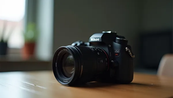 DSLR Camera On Wooden Table With Soft Lighting